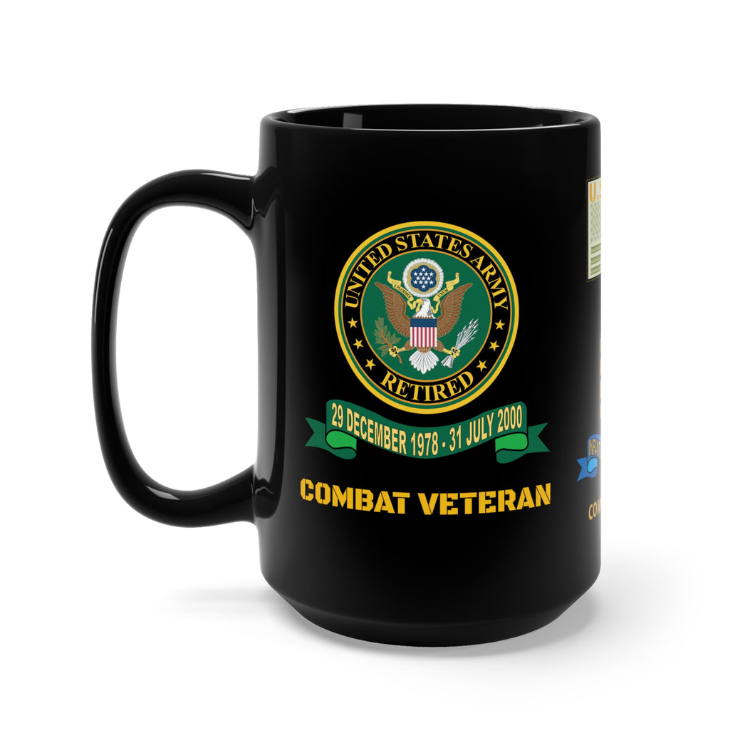 Black Mug 15oz - Retired - SFC - 11B40X with Multiple Medal Awards, Service Ribbons, Drill Sgt Badge