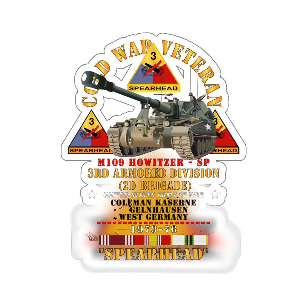 Kiss-Cut Stickers - 3rd Armored Division  - Gelnhausen, Germany - M109 Howitzer SP  - Spearhead w Fire - 1973-76 w DUI - COLD X 300