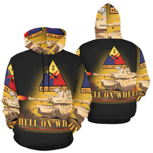 Load image into Gallery viewer, Men&#39;s All Over Print Hoodie (USA Size) (Model H13) - 2nd Armored Division - M1A1 Tank - Hell on Wheels w Fire
