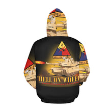 Load image into Gallery viewer, Men&#39;s All Over Print Hoodie (USA Size) (Model H13) - 2nd Armored Division - M1A1 Tank - Hell on Wheels w Fire
