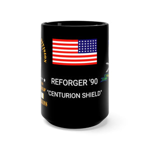 Black Mug 15oz - Army - 10th Mountain Division - Climb to Glory - REFORGER 90, Centurion Shield  - Cold War Service Ribbons