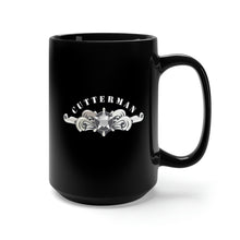 Load image into Gallery viewer, Black Mug 15oz - USCG - Cutterman Badge - Enlisted  - Silver w Top Txt
