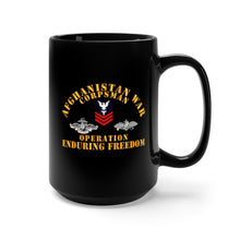 Load image into Gallery viewer, Black Mug 15oz - Navy - Afghanistan War Corpsman - Operation Enduring Freedom - Veteran w FMF - Combat Seebee Badge
