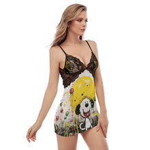 Load image into Gallery viewer, Painted Tree - Smiling Puppy - All-Over Print Women&#39;s Back Straps Cami Dress With Lace
