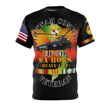 Load image into Gallery viewer, Unisex AOP Tee - USMC - Vietnam Combat Veteran - UH-34D Sea Horse with Vietnam Service Ribbon
