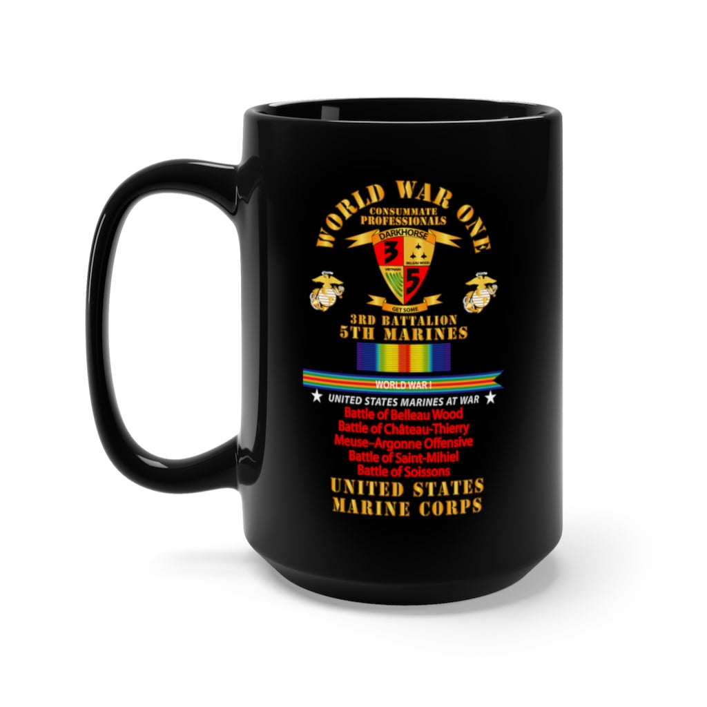 Black Mug 15oz - USMC - WWI  - 3rd Bn, 5th Marines - w  WWI Ribbon - Streamer