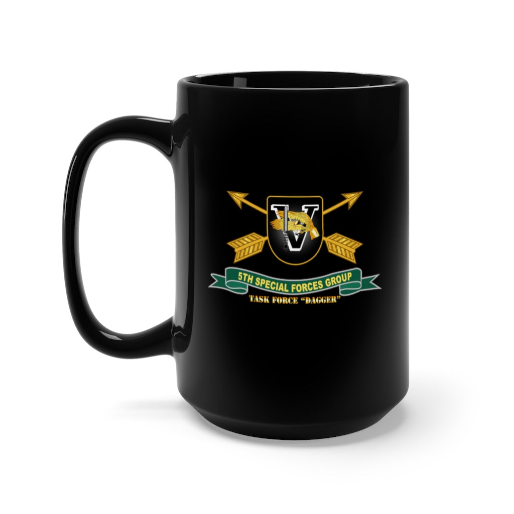 Black Coffee Mug 15oz - Army - 5th Special Forces Group - Flash - TF Dagger w Br - Ribbon X 300