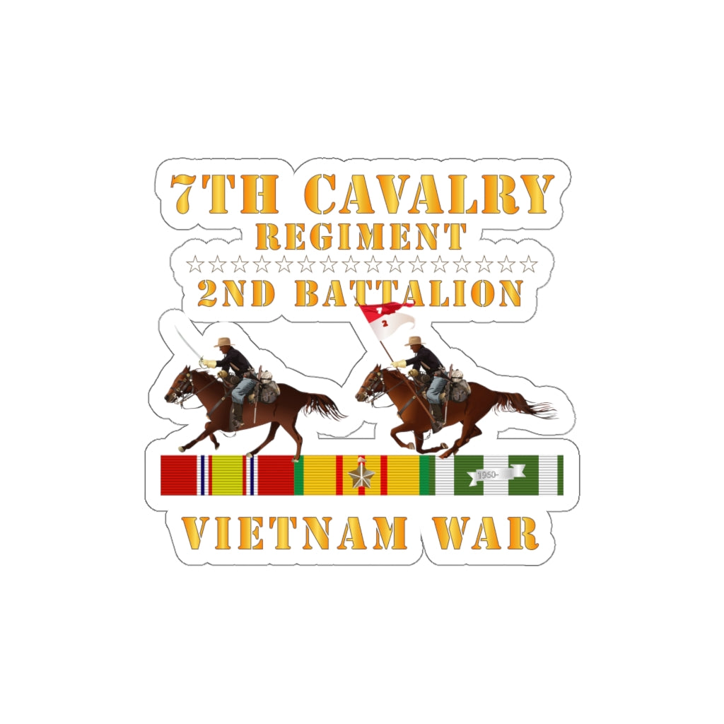 Die-Cut Stickers - 2nd Battalion, 7th Cavalry Regiment - Vietnam War with 2 Cavalry Riders and Vietnam Service Ribbons
