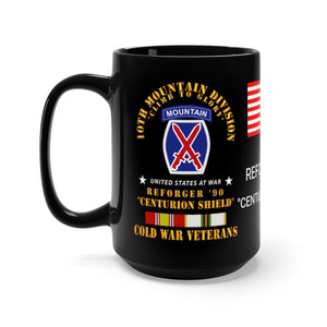 Black Mug 15oz - Army - 10th Mountain Division - Climb to Glory - REFORGER 90, Centurion Shield  - Cold War Service Ribbons