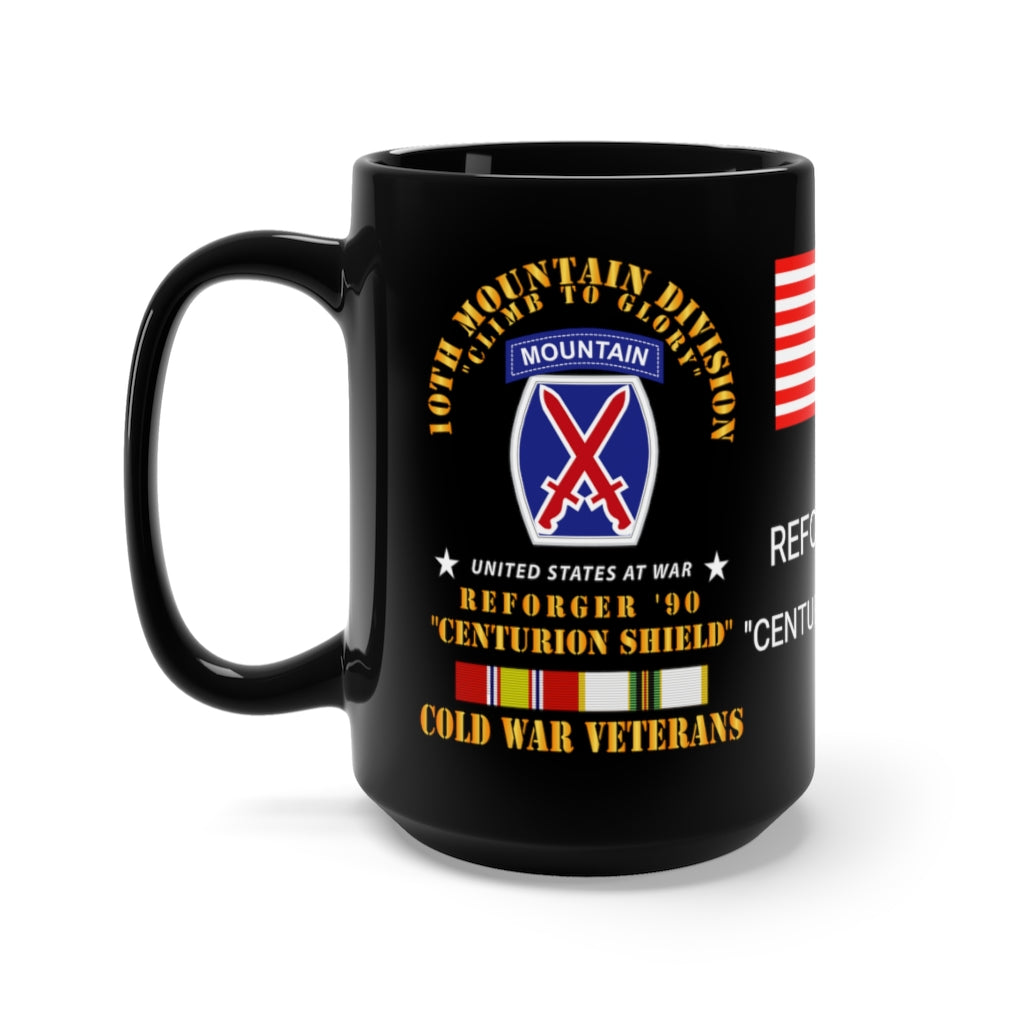 Black Mug 15oz - Army - 10th Mountain Division - Climb to Glory - REFORGER 90, Centurion Shield  - Cold War Service Ribbons