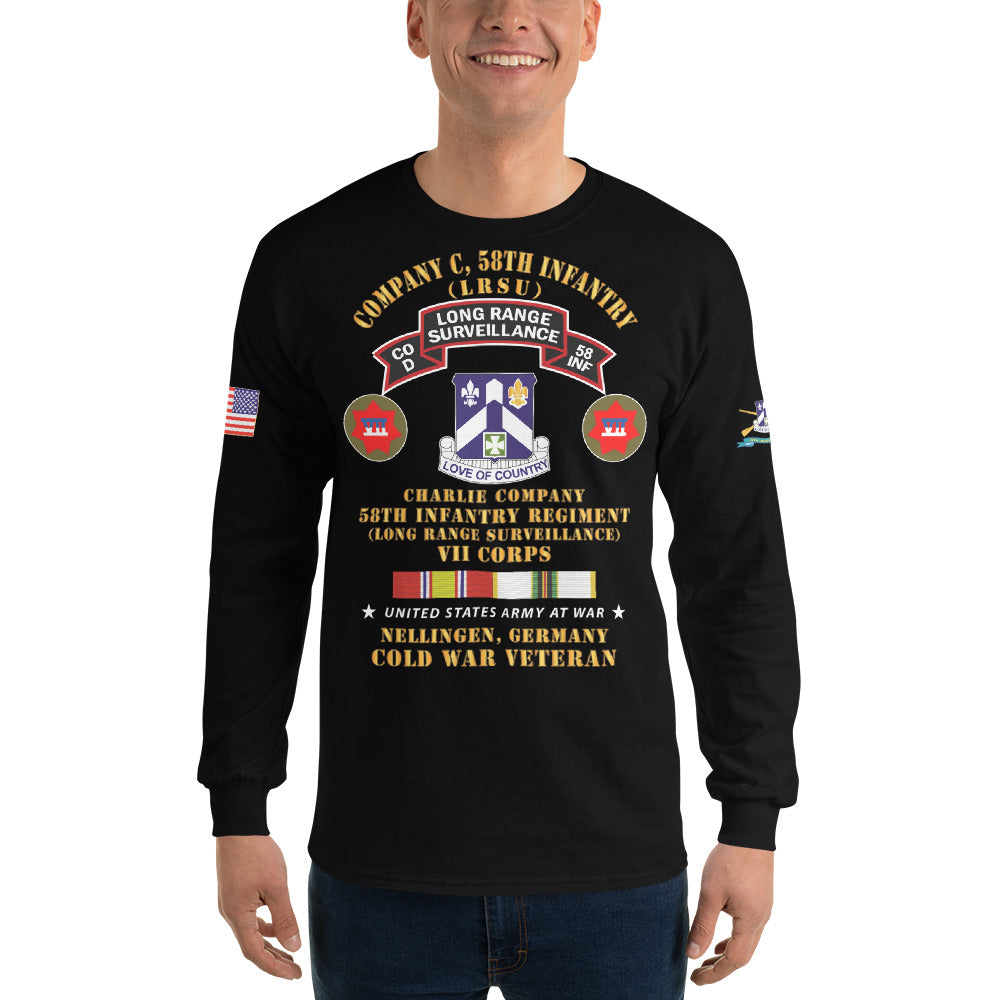 Men’s Long Sleeve Shirt - C CO, 58th Infantry (LRSU), Nellingen, Germany Cold War Veteran w COLD SVC